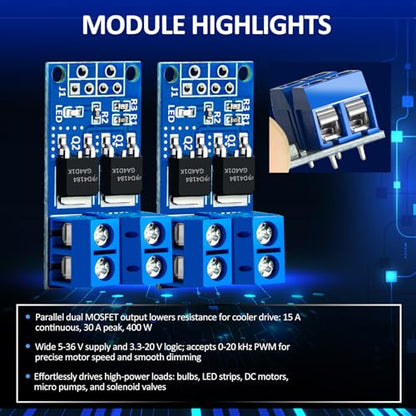 6 PCS Dual High-Power MOSFET Trigger Switch Drive Module, Upgrade 0-20KHz PWM Adjustment Electronic Switch Control Board Motor Speed Controller, Lamp Brightness Control, DC 5V-36V 400W, 15A (Max 30A)