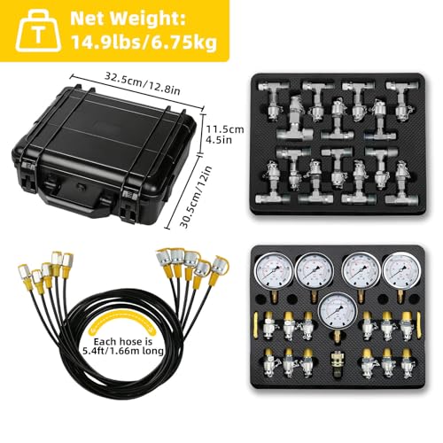 Hydraulic Pressure Test Kit, 5 Gauges 10/100/250/400/600bar, 13 Test Couplings & 14 Tees, Hydraulic Test Kit Compatible with CAT, John Deere, Komatsu, Hitachi, Kobelco Excavators & Loaders - style: 5 Gauges 13 Couplings