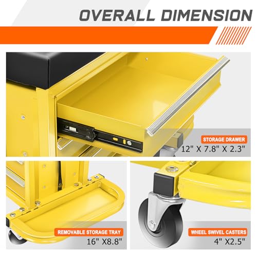 PM PERFORMOTOR 3-Drawer Tool Chest Rolling Mechanic Seat with Tool Trays,350lbs Max Weight Capacity, Yellow,PM-TOL-RST1-YL - color: Yellow