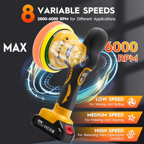 Cordless Car Buffer Polisher, 6 Inch Orbital Polisher Kit with 2x21V Batteries & 21 PCS Attachments, 8-Speed Variable Max 6000RPM Buffer for Car Detailing, Polishing, Waxing, Scratch Removing - color: Yellow