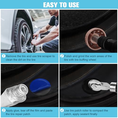Wayona 35Pcs Tire Repair Patch Kit Heavy Duty, Tire Patches 32/45/58mm Tire Repair Tools with 40mm Tire Buffing Wheel Tire Patch Roller Inner Liner Scraper for Car Tire Grinding Bike Motorcycle Wheel