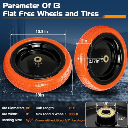13" Flat Free Wheels Replacement for GOR Garden Cart Tires - color: Orange