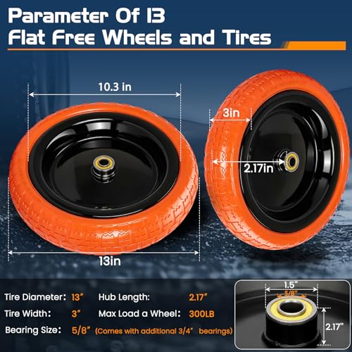 13" Flat Free Wheels Replacement for GOR Garden Cart Tires - color: Orange