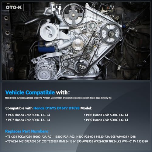 OTO-K Timing Belt Kit with Water Pump Compatible with Honda Civic 1996 1997 1998 1999 2000 1.6L L4 SOHC D16Y5 D16Y7 D16Y8 16 Valve,Replace # TBK224 TCKWP224 19200-P2A-A01 - size: TBK224