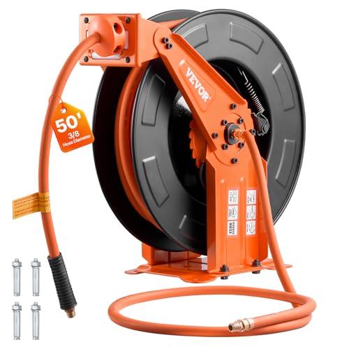 VEVOR Retractable Air Hose Reel, 3/8 Inch x 50 FT Rubber Air Hose Max 300PSI, Auto Rewind Air-Compressor Hoses Reel with 5 ft Lead in, Ceiling/Wall Mount Heavy Duty Steel Double Arm - size: 3/8 in x 50 ft