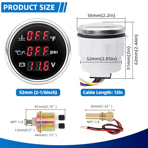 MH Triple Gauge Set - Water Temp (104°F-248°F), Oil Pressure (0-145PSI), Voltmeter (9-32V), AUTO Gauge with Sensors 2" 52mm 3-in-1 Boat Marine Meter Kit (Black and Silver) - color: Black and Silver
