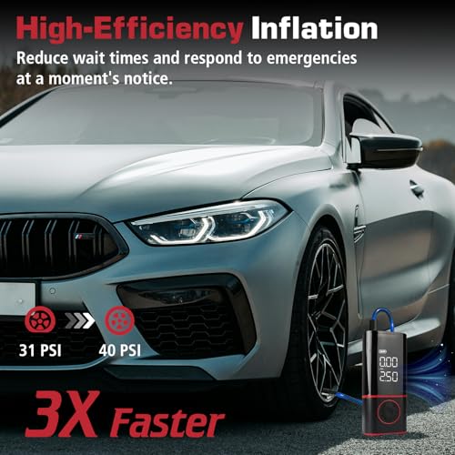 KITLUCK Portable Air Compressor, Tire Inflator with Digital Gauge, 2000mAh Rechargeable Battery, 150 PSI, for Car Tires, Bike, Motorcycle, Balls, Air Mattress, Includes LED Light & Multiple Nozzles