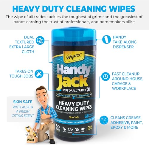 Wipex Handy Jack Degreaser Cleaner Heavy Duty Wipes, Dual Texture Cleaning Cloth for Mechanic Hand Wipes and Surfaces, Clean Tools & Automotive Parts, Paint Remover, Oil, Grease, & Dirt, 60ct Canister - size: 60 Count (Pack of 12), style: Canister