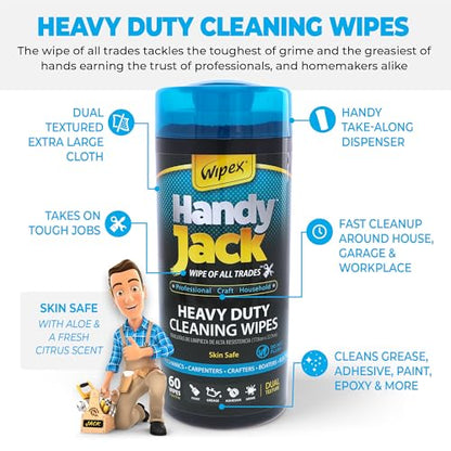Wipex Handy Jack Degreaser Cleaner Heavy Duty Wipes, Dual Texture Cleaning Cloth for Mechanic Hand Wipes and Surfaces, Clean Tools & Automotive Parts, Paint Remover, Oil, Grease, & Dirt, 60ct Canister - size: 60 Count (Pack of 12), style: Canister