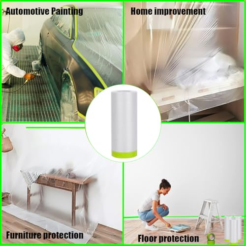 Painters Tape and Drape, 3 Rolls Automotive Painters Tape and Plastic Film, Paint Covering Roll for Cars and Auto Body (55in X 65-Feet)