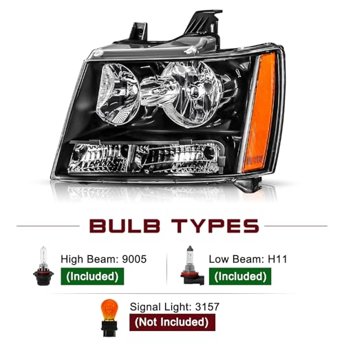 JSBOYAT Headlight with Bulbs Fit 2007-2014 Chevy Tahoe Suburban Avalanche - color: Black Housing with Amber Reflector, size: w/ 9005&H11 Bulbs