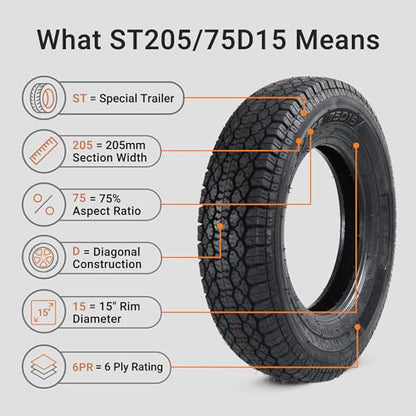 Set of 2 ST205/75D15 Trailer Tires for Utility, Boat & Cargo Trailers, Durable Heavy-Duty Replacement Wheels