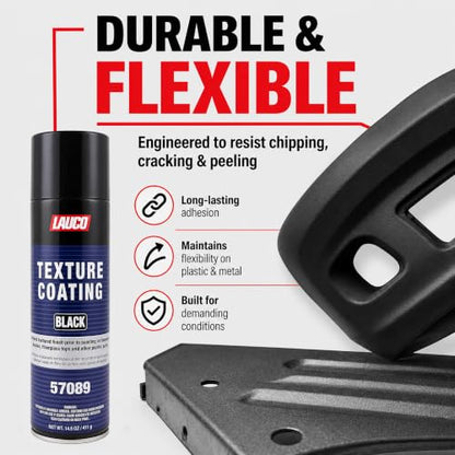 LAUCO Texture Coating Black 14.5 oz Aerosol Spray, Professional Automotive Trim and Bumper Refinisher, Durable Flexible Matte Finish for Plastic, Metal, and Fiberglass Surfaces, Easy Spray Application 57089