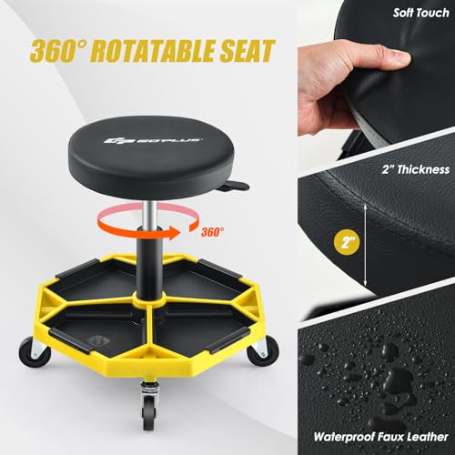 Goplus Mechanic Stool with Wheels, Magnetic Tool Tray, 330LBS Capacity - color: Yellow, size: Tool Tray