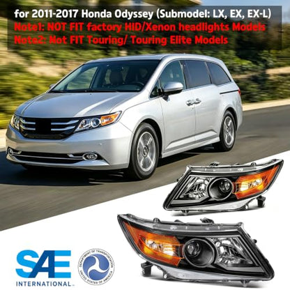 Headlight Fit for 2011-2017 Honda Odyssey EX/EX-L/LX,Halogen Headlamp Replacement Driver Passenger Side Black Housing 33150TK8A02 33100TK8A02 HO2502154 HO2503154