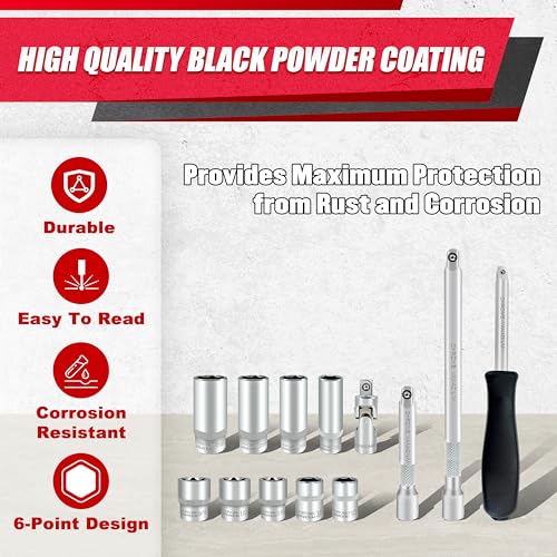 EACELIY 54pcs 1/4" Socket Set,Drive Impact Socket Set, SAE/Metric, Deep & Shallow with Universal Joint,Extension Bars,Hex Bit Holder, Spinner Handle,Ratchet,Cr-V Steel，6 Point，4-14mm，5/32-9/16 inch - size: 54PCS 1/4inch