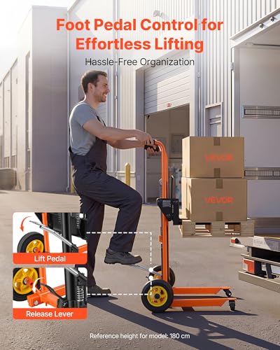 VEVOR Hydraulic Material Lift Winch Stacker, 450 lbs Load Capacity, Pallet Truck Dolly with Fork Lift Table, 39.4 Inches Max Lifting Height, Foldable & Portable Pallet Jack Table Cart, Orange & Black