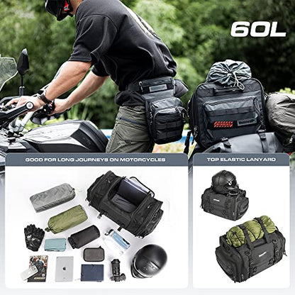 Rhinowalk Motorcycle Tail Bag Expandable Motorcycle Travel Luggage 60L Waterproof All Weather/Trunk/Rack Bag with Sissy Bar Straps-Black - size: Black 40-60L