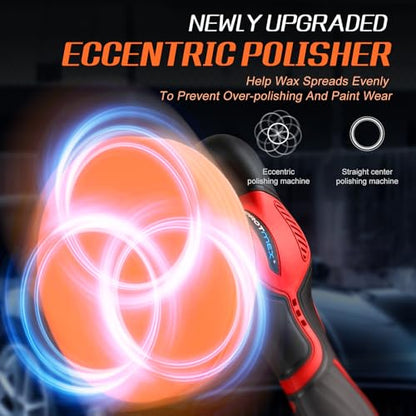 Protmex Cordless Car Buffer Polisher w/ 2x2000mAh 21V Batteries, Red - color: Red