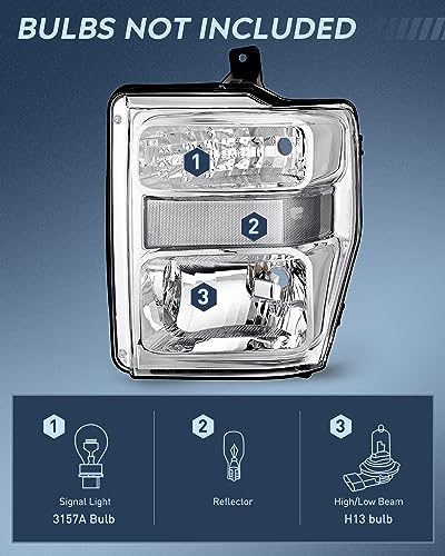 Nilight Headlight Assembly Compatible with 2008 2009 2010 Ford F250 F350 F450 Super Duty Headlamps Replacement Chrome Housing Clear Reflector clear Lens Driver and Passenger Side - color: Chrome Housing + Clear Reflector, size: 2008-2010 F250-F450