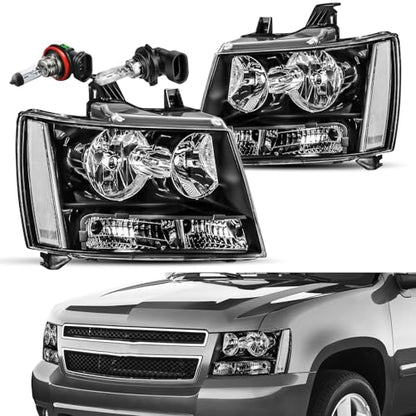 JSBOYAT Headlight with Bulbs Fit 2007-2014 Chevy Tahoe Suburban Avalanche - color: Black Housing with Clear Reflector, size: w/ 9005&H11 Bulbs