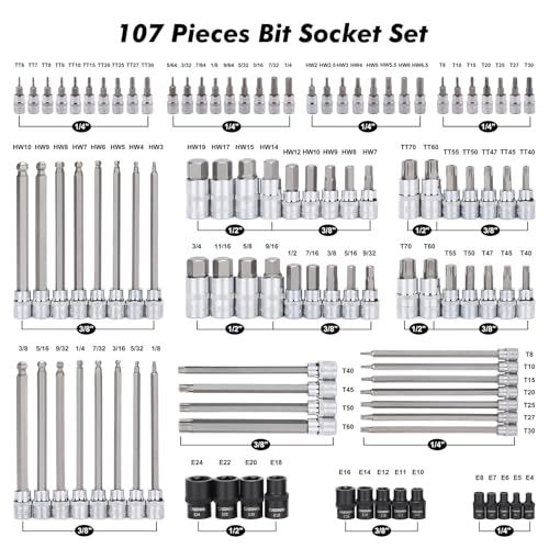 CASOMAN 107 Pieces Bit Socket Set, 1/4", 3/8" and 1/2" Drive, Torx/Tamper Proof Torx/Hex/Ball End Hex, SAE/Metric, S2 Steel Bits