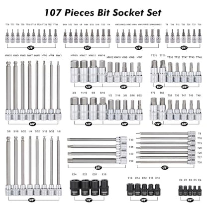 CASOMAN 107 Pieces Bit Socket Set, 1/4", 3/8" and 1/2" Drive, Torx/Tamper Proof Torx/Hex/Ball End Hex, SAE/Metric, S2 Steel Bits