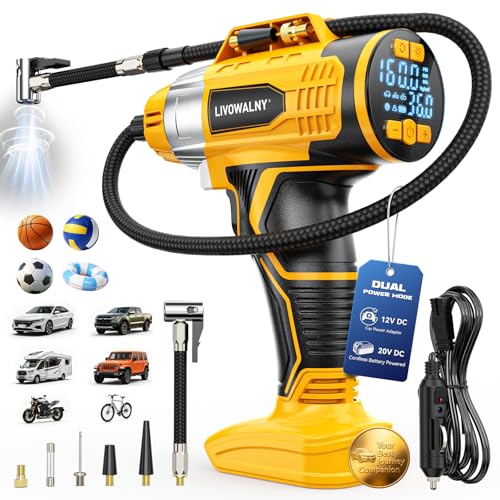 160PSI Cordless Tire Inflator Portable Air Compressor Compatible with Dewalt 20V Battery, LIVOWALNY 12Ft Cord-12V DC-Powered Air Pump with Digital Pressure Gauge, Auto Shut-Off for Car (Tool Only) - color: Yellow
