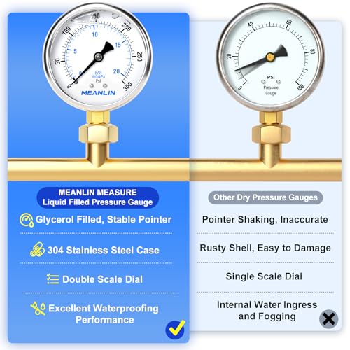 MEANLIN MEASURE 0~300Psi Stainless Steel 1/4" NPT 2.5" FACE DIAL Liquid Filled Pressure Gauge WOG Water Oil Air Lower Mount, with 1/2" NPT and 3/8" NPT Hex Bushing - size: 0-300Psi