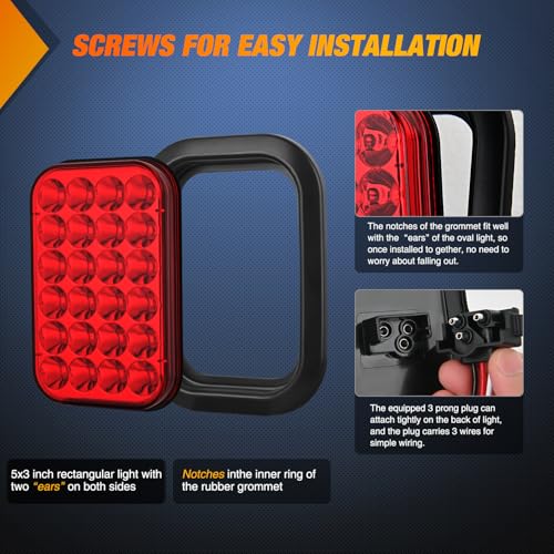Nilight 5" X 3" Rectangular Trailer Tail Light 4 PCS White Red 24LED - color: 6Pcs Red/White 24Led Lights 5x3Inch