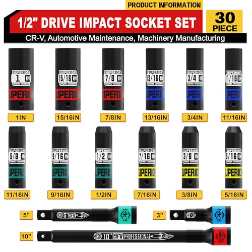 30 Piece 1/2" Drive Impact Socket Set, SAE (5/16"- 1") and Metric (10mm-24mm) Deep Socket, Including Impact Extension Bar 3 ", 5", 10", CR-V, Automotive Maintenance, Machinery Manufacturing - size: 1/2" Metric & SAE
