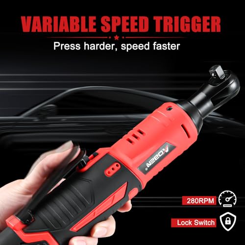 AOBEN Cordless Ratchet Wrench Kit,3/8" ratchet,40 Ft-lbs Electric Power Ratchet Set with Variable Speed Trigger,2 Packs 2000mAh Lithium-Ion Battery And Charger,83 Sockets - color: Apple Red