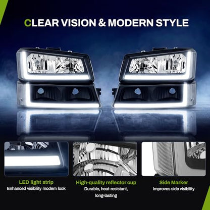 AUTOSAVER88 LED DRL Headlights Compatible with 03-06 Chevy Silverado Black - color: LED - Black/Clear/Clear