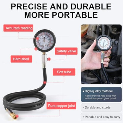 Oil Pressure Tester Kit, 0–140 PSI Engine Oil Pressure Gauge with Hose & Brass Adapters, Automotive Diagnostic Tool for Cars, Motorcycles, Small Diesel Engines, with Storage Case (Blue)