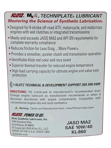 Klotz MX-4 TechniPlate, Hi-Performance Synthetic Motor Oil Lubricant for 4-Stroke Off-Road Racing Motorcycle & ATV Engines | 10W-40 – KL-860 – 1 Quart - size: 10W-40