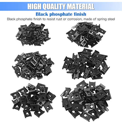 Glarks 225Pcs U Nut Assortment Kit, 6 Size Black Auto Car U Clips for Dash Door Panel Interior