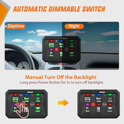 Nilight 6 Gang Switch Panel Green 12V 60A Circuit Control System 4-Mode - color: Green, size: 6 Gang Switch 4 Modes