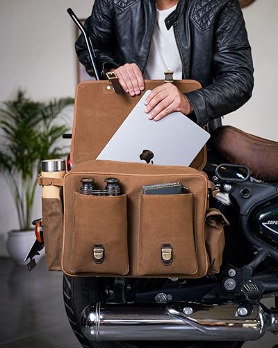 Trip Machine Company Expedition Motorcycle Saddle Bags – 25L Each (50L Pair) 16oz Heavy-Duty Canvas & Leather Panniers, Waterproof Lining with Rain Cover (Pair, Brown) - color: Brown, style: Pair