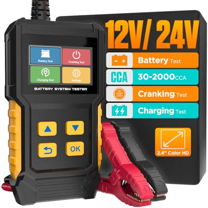 Car Battery Tester 12V 24V Automotive Battery Load Tester 30-2000 CCA, Auto Alternator Tester Charging Cranking System Testing for Car Truck Motorcycle ATV SUV Boat