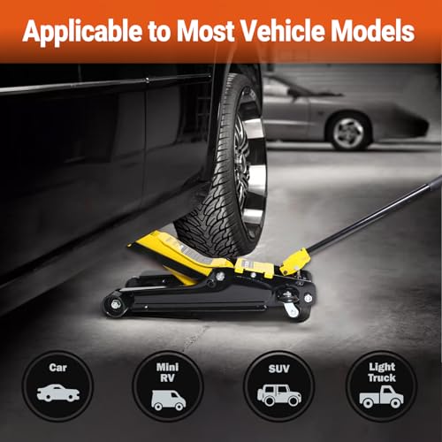 2.5 Ton Car Jack Low Profile Hydraulic Floor Jack, 5500 lbs Capacity, 3.4"-15.2" Lifting Range, Alloy Steel, Black, for Sedans and SUVs（Yellow - color: Yellow