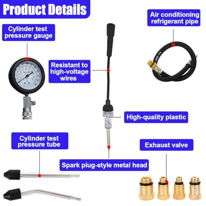 9PCS Petrol Engine Cylinder Compression Tester Kit with Spark Plug Tester, 0-20 Bar & 0-300 PSI Compression Gauge Car and Motorcycle Engine Testing Tool (Blue) - color: Blue