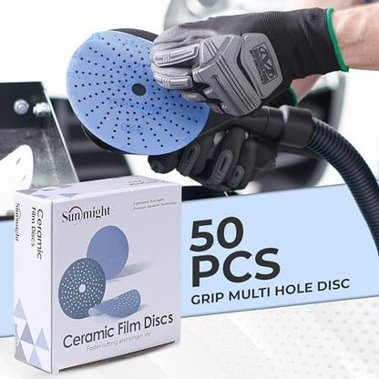 Sunmight Ceramic Film Multi-Hole Grip Discs – 100 Grit 6 Inch Sanding Discs Hook and Loop – High Dust Extraction, Fast Cutting & Durable – Polyester Film Backing for Automotive, Marine, Wood & Metal - size: 6 Inches