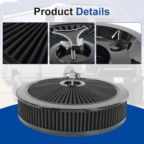 High Flow 14"x3" Round Air Cleaner filter Kit for Carburetor Black - color: Black