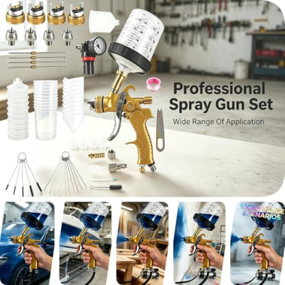 HVLP Spray Gun with 10Pcs 600ML Disposable Paint Cups, 4 Nozzles,1.4/1.7/2.0/2.5mm， Air Compressor Regulator, Disposable Cups Automotive Gravity Spray Paint Gun for Auto Paint(Gold)