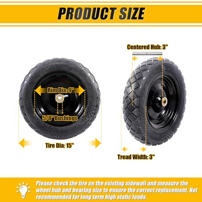 MZREXN 4.80/4.00-8" Wheelbarrow Tires, 15" Flat Free Tire and Wheel - color: Black-2pcs