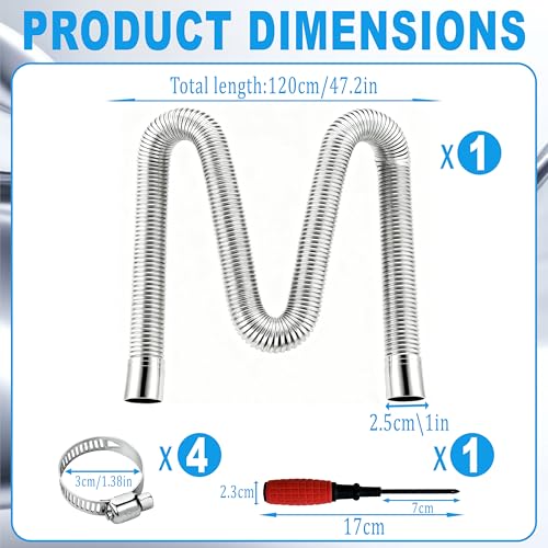 47.2" Stainless Steel Exhaust Hose, 1 inch Flexible Exhaust Pipe with 4 Hose Clamps & Screwdriver, Diesel Heater Exhaust Tubing Kit for Parking Air Heater, Generator Fuel Tank Diesel Gas Vent Hose - size: 47.2"