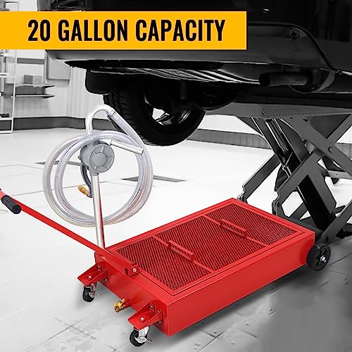20 Gallon Oil Drain Pan Low Profile Oil Drain Tank Large Capacity Oil Change Pan with Foldable Hand, Pump, Hose, Swivel Casters Wheels Fit for Car, SUV, Trucks Oil Change Red - color: Red, size: 20 Gallon Manual Pump