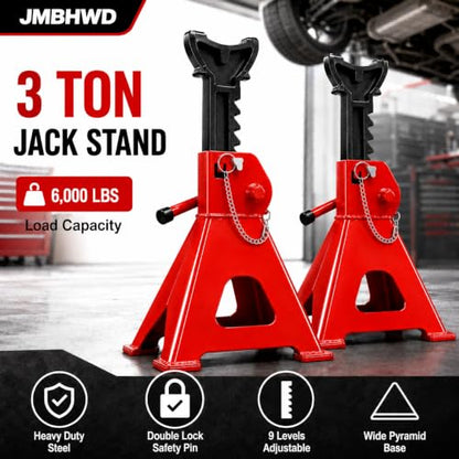 Jack Stands 3 Ton Jack Stand with Double Pin Locking, Safety Stands for Home Garage Vehicle Repair Mens Tools for Car, 1 Pair, Red - color: Red