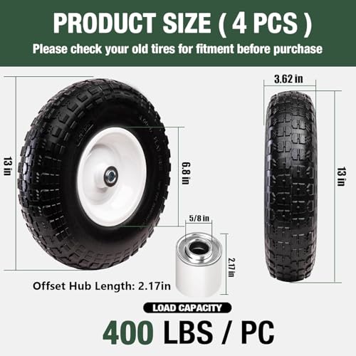 Taifa 4 PCS 13 Inch Solid Flat Free Replacement Tires and Wheels 4.00-6 with 5/8'' Bearing and 2.17'' Offset Hub, Air Less Wheel for Wheelbarrow/Wagon/Hand Truck/Trolley/Garden Scooter etc. - color: 13x400-6PU-5/8'' Bearing-4 PCS