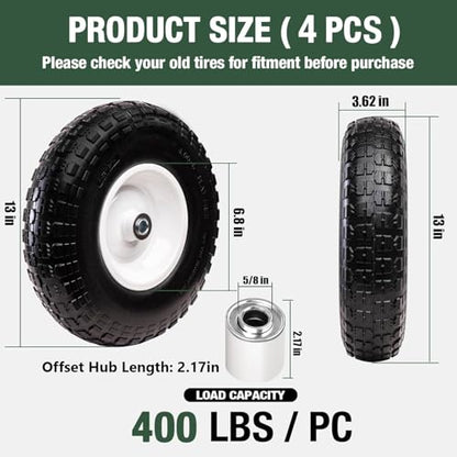 Taifa 4 PCS 13 Inch Solid Flat Free Replacement Tires and Wheels 4.00-6 with 5/8'' Bearing and 2.17'' Offset Hub, Air Less Wheel for Wheelbarrow/Wagon/Hand Truck/Trolley/Garden Scooter etc. - color: 13x400-6PU-5/8'' Bearing-4 PCS